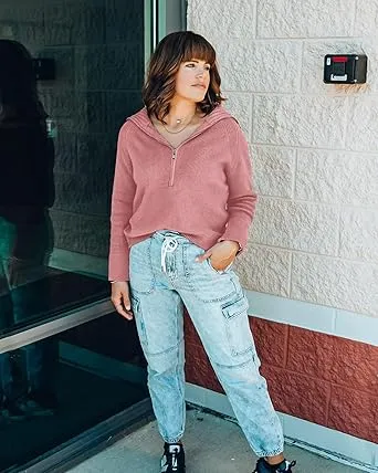 🔥Last day promotion⏰Women's 2525 Quarter Zip Pullover V Neck Collar Long Sleeve Ribbed Knit Loose Casual Sweater
