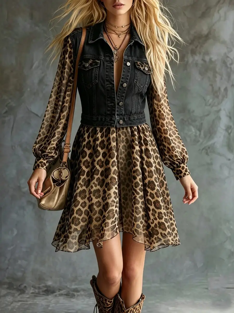 Long Sleeve Relaxed Buttoned Leopard Pocket Split Joint Lapel Mini Dress