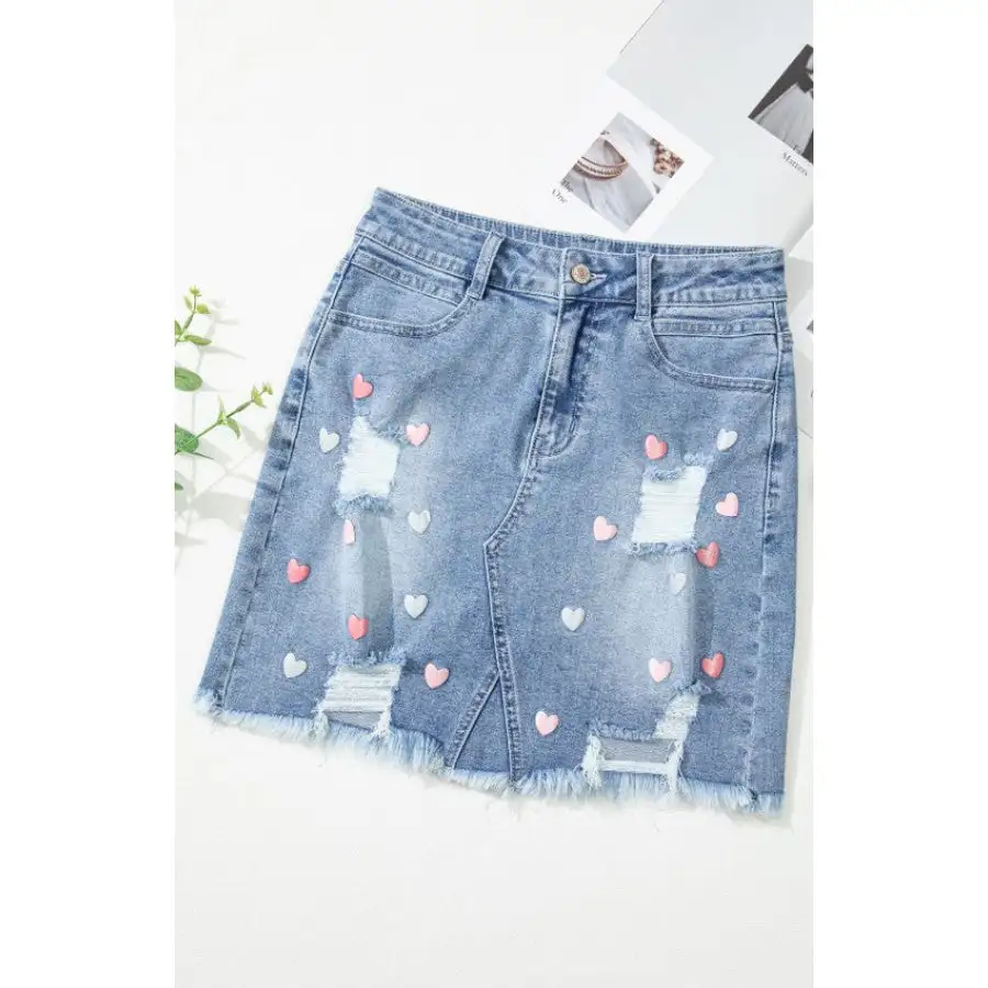 Distressed Raw Hem Heart Denim Skirt