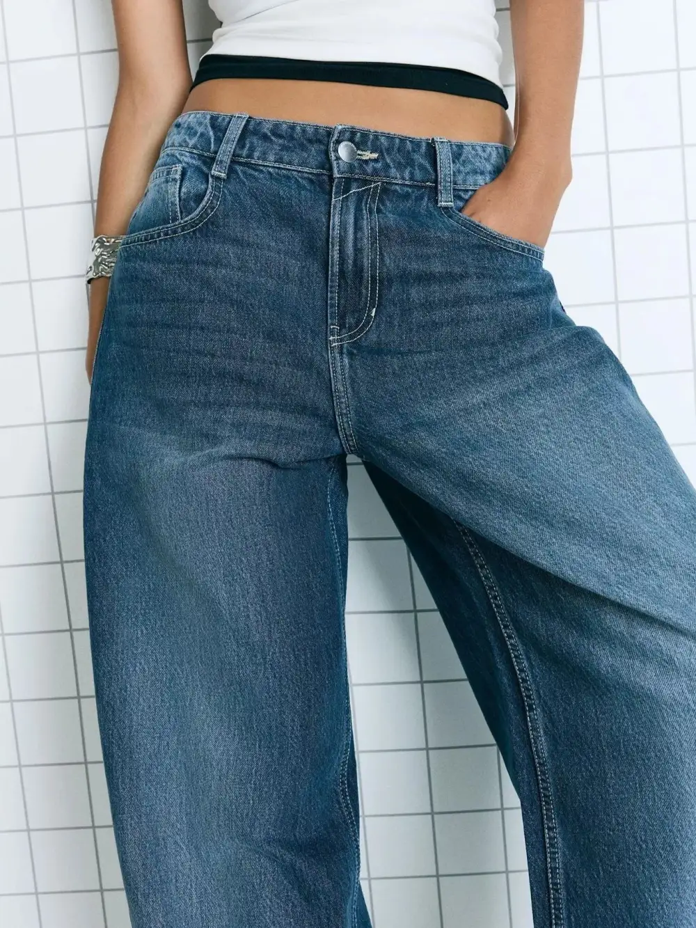 Polished Wide Leg Washed Denim Jeans