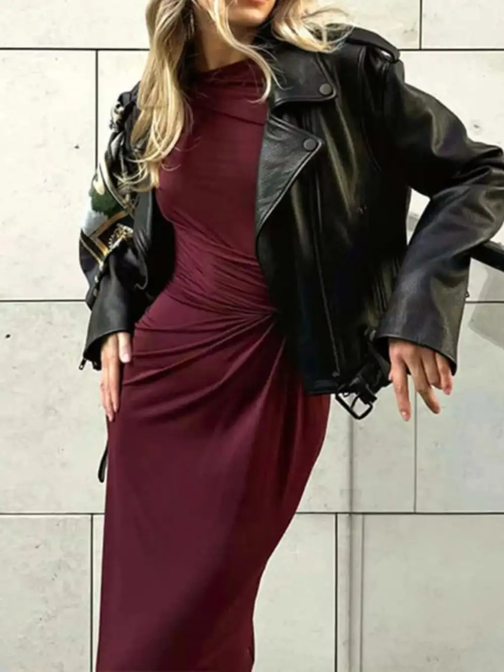 Balanced Detail Ruched Long Sleeve Maxi Dress