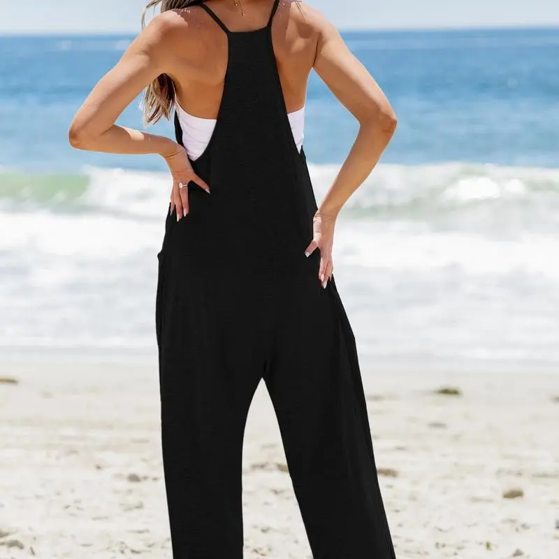 Women'S Basic Plunge Halter Sleeveless Pleated Long Romper Knit Jogger Maxi Jumpsuit With Pockets Spring Summer Womenswear Overalls