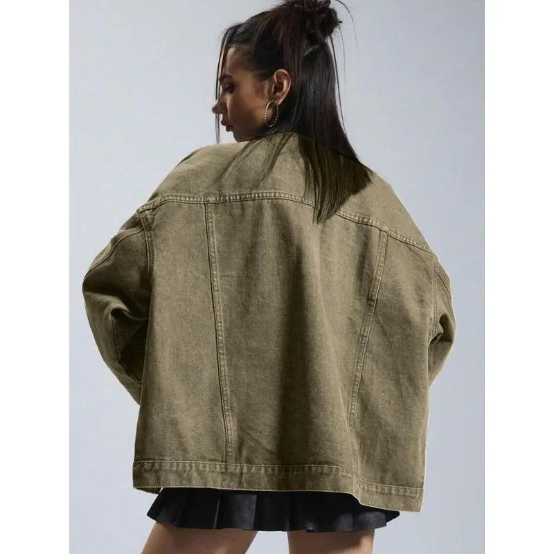 Women's Plain Button Front Drop Shoulder Denim Coat
