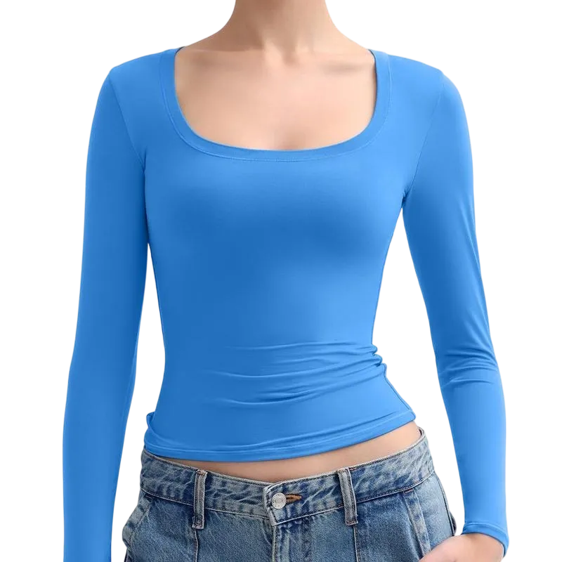 Women‘s Scoop Neck Long Sleeve Top Double Layer Slimfit Fall Outfits