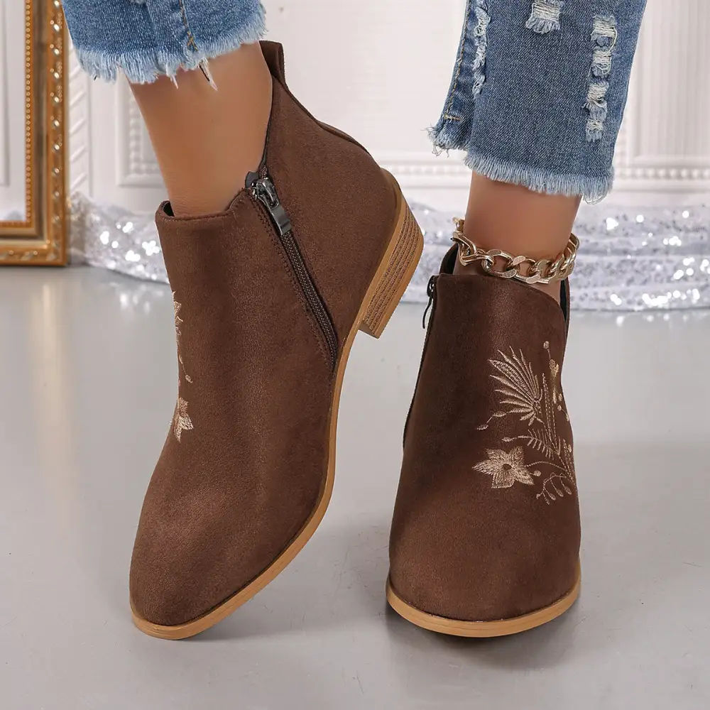 Embroidered Suede Pointed Toe Block Heel Boots