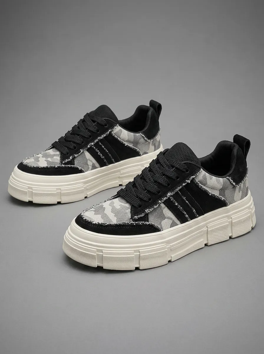 Men's Grey Camouflage Pattern Printed Platform Sneakers