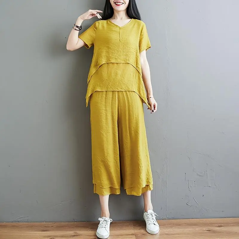 Women's Double-Layer Wide-Leg Pants Cotton And Linen Suit