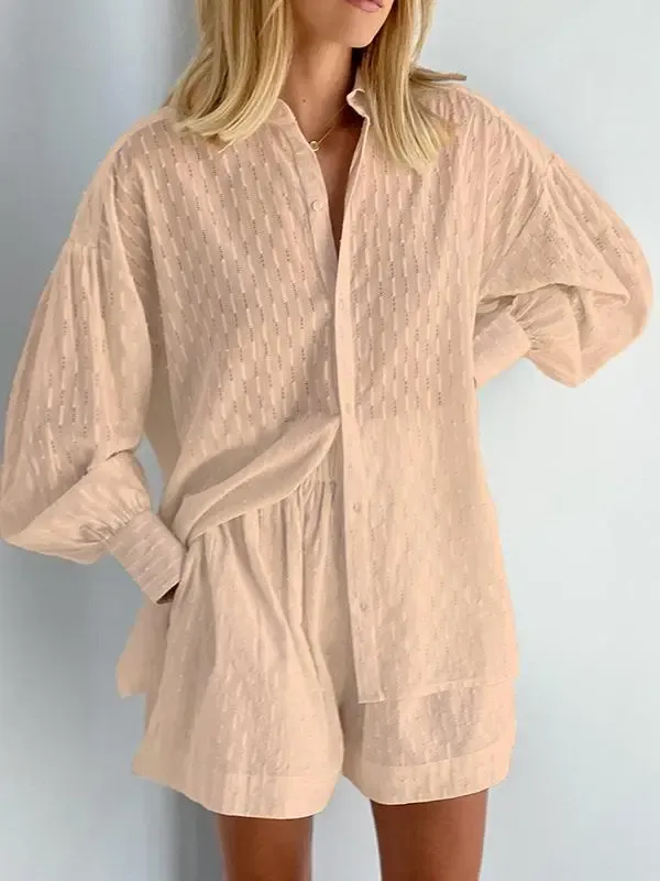 Jacquard Puff Sleeve Top Shorts Commuting Casual Suit