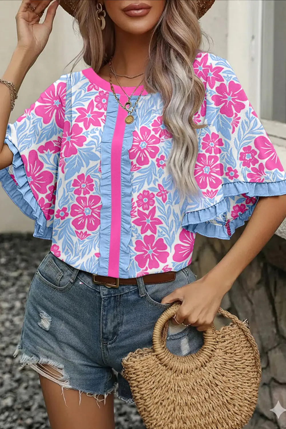 Floral Ruffle Trim Half Sleeve Blouse