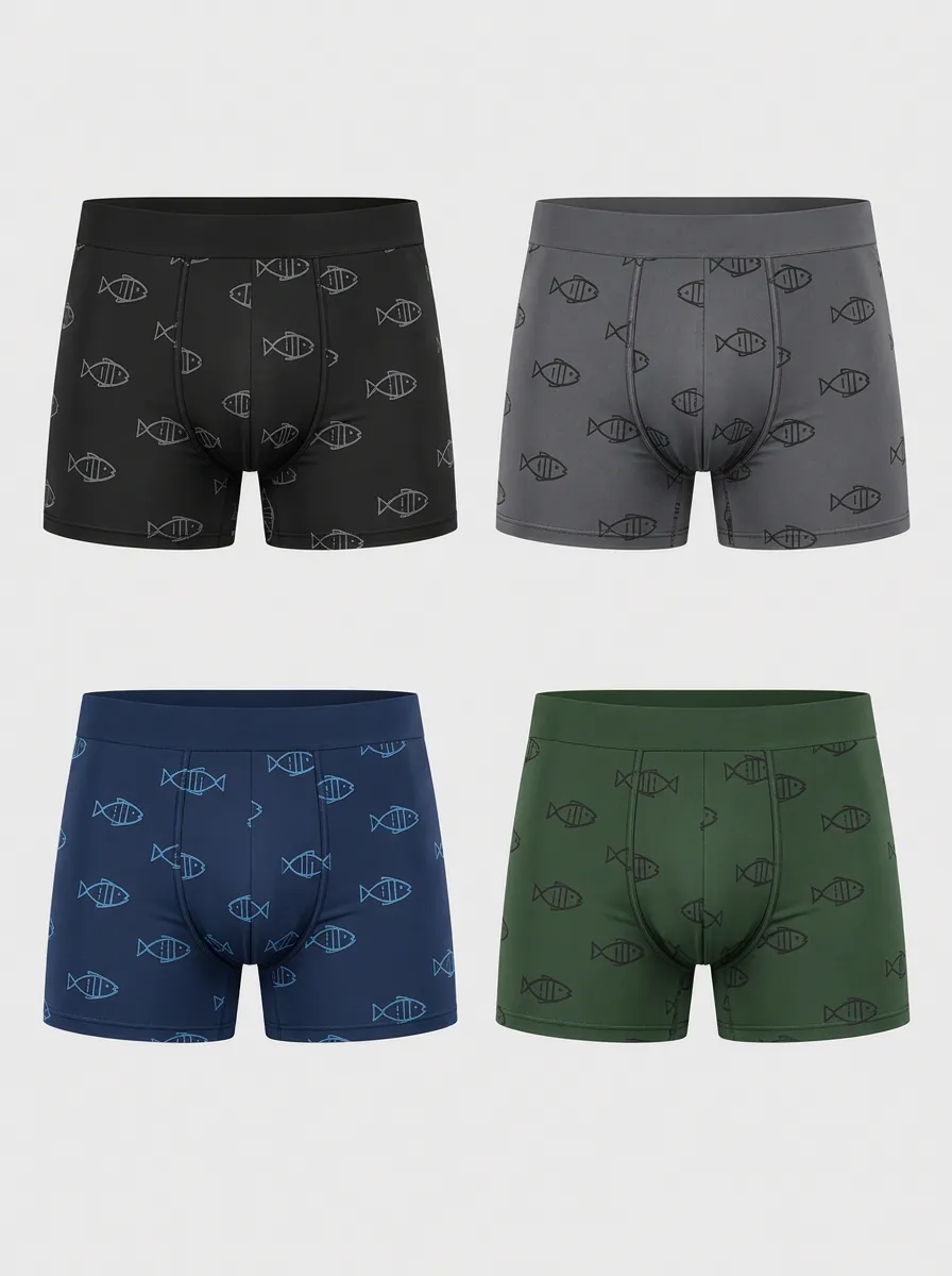Men's Navy Fish Allover Boxer Briefs 4-Pack