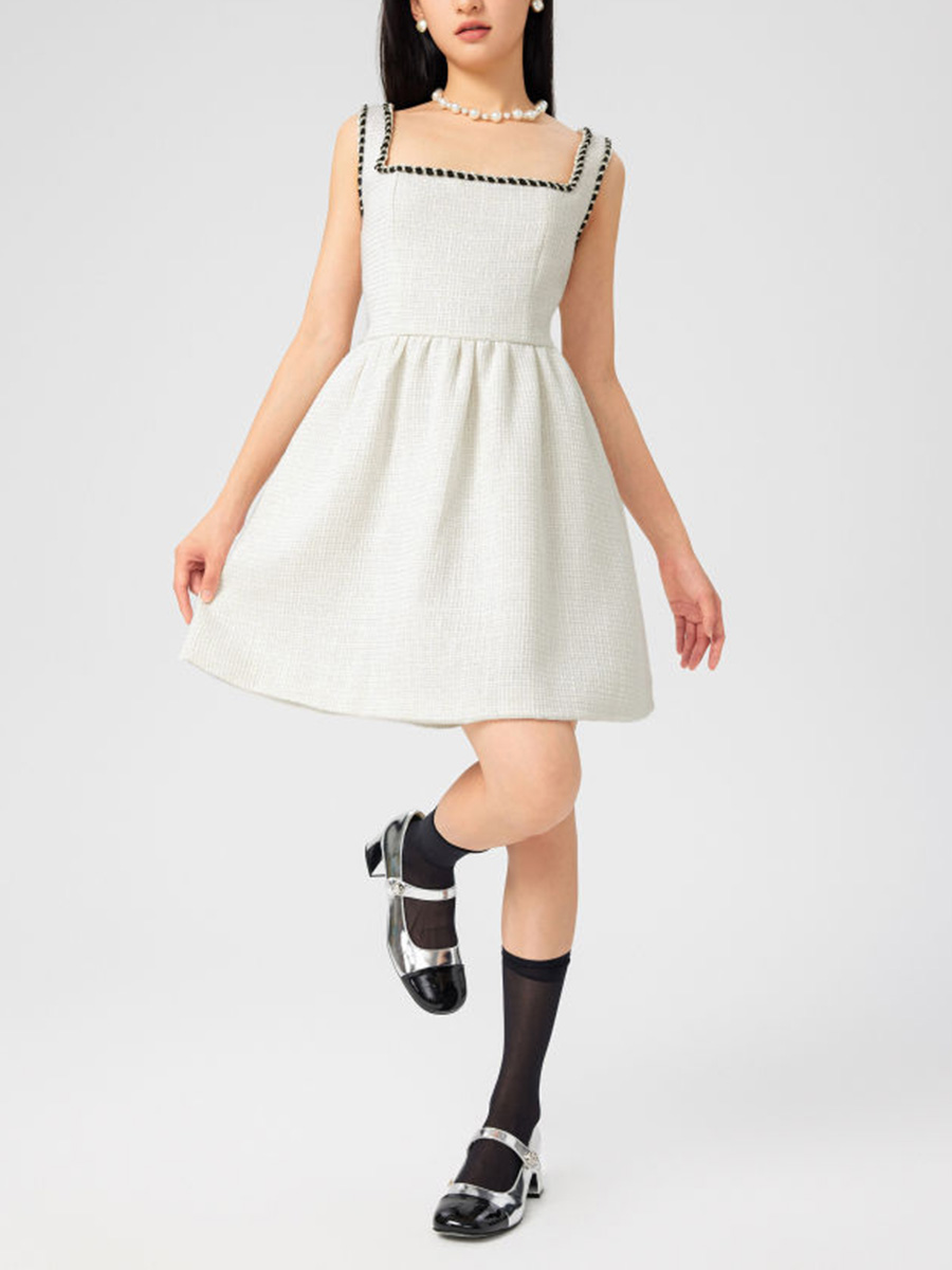 Tweed U-Neckline Solid Mini Dress