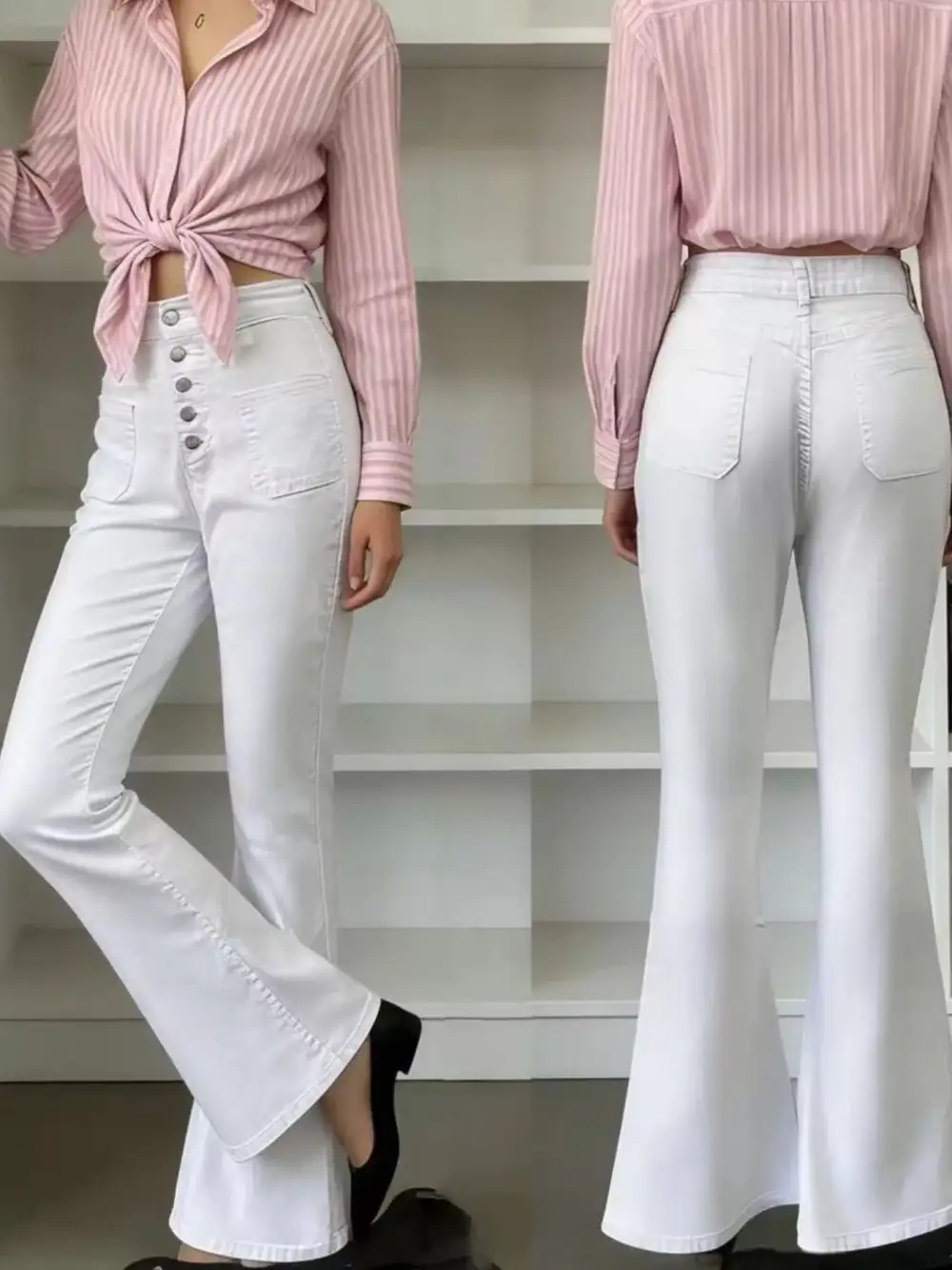 Versatile High Waist Flare Leg Button Denim Jeans