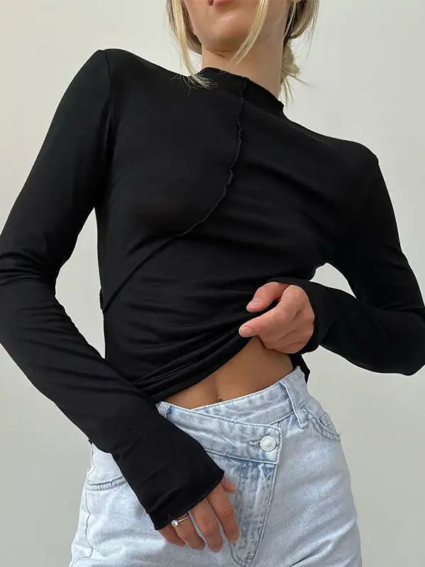 Long Sleeve Slim Fit Asymmetric Mock Neck T-Shirt