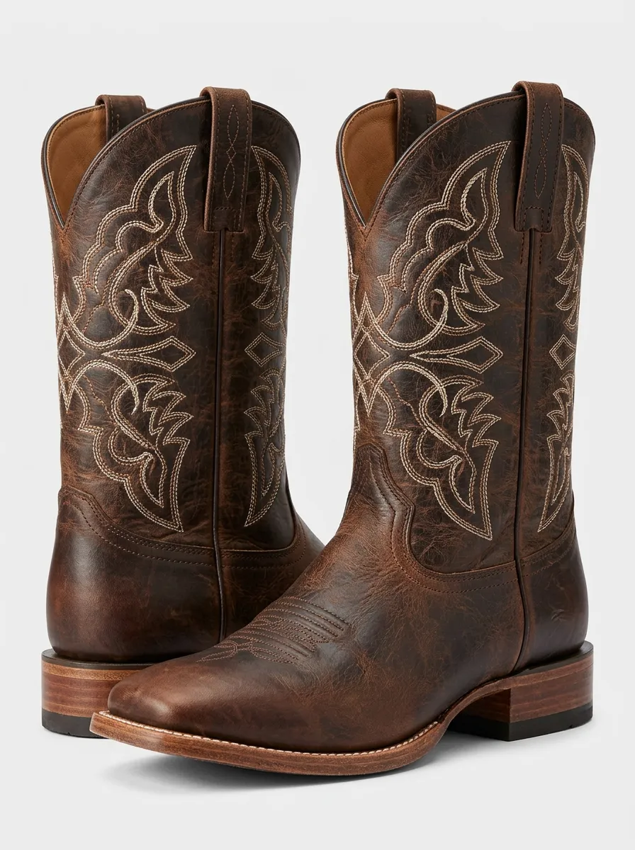Men's Western Contrast-Embroidery Tonal-Embroidery Square-Toe Mid-Calf Pull-Tab Cowboy Boots