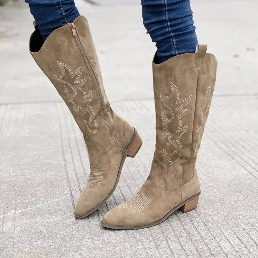 Smocked Point Toe Block Heels Boots