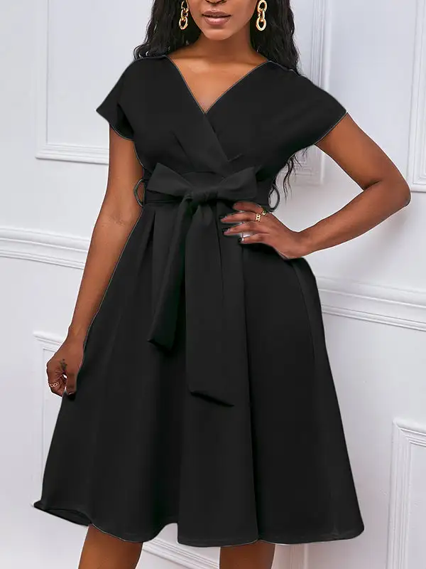 Bowknot Lace Up Solid Color V Neck Midi Dress