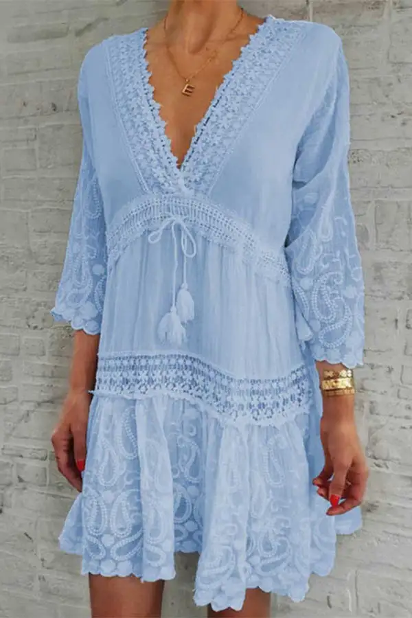 V-neck Printed Three-quarter Sleeve Cutout Mini Dress
