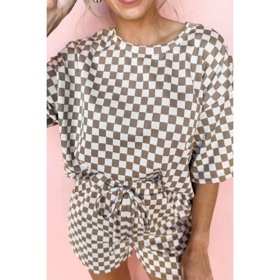 Checkered Round Neck Top and Shorts Set