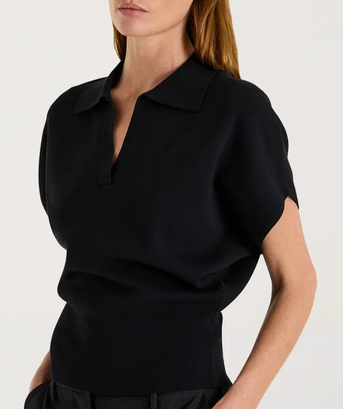 Black Waisted Polo Knit Top