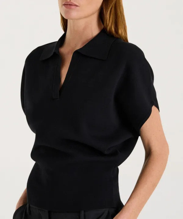 Black Waisted Polo Knit Top