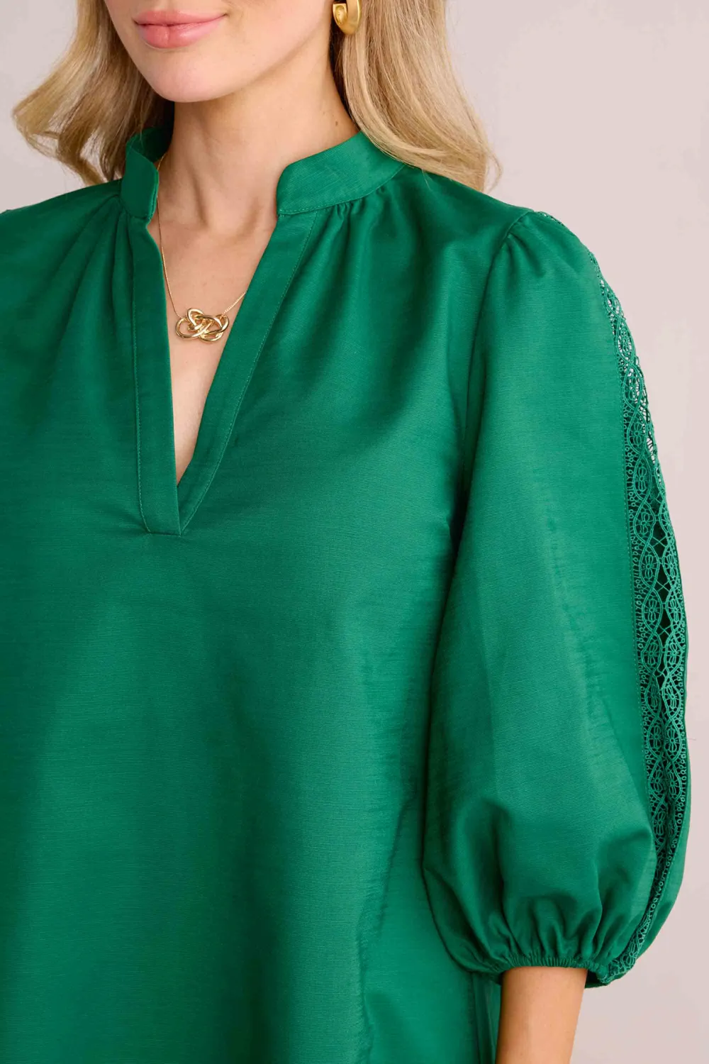 Green Stand Collar Puff Sleeve Shift Dress