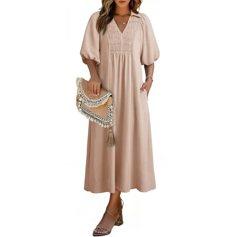 Casual V-neck puff-sleeve high-waist A-line long summer dress