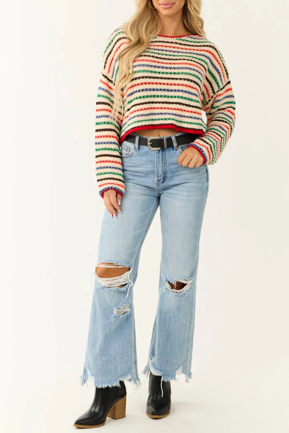 Cream Multicolor Striped Open Crochet Sweater