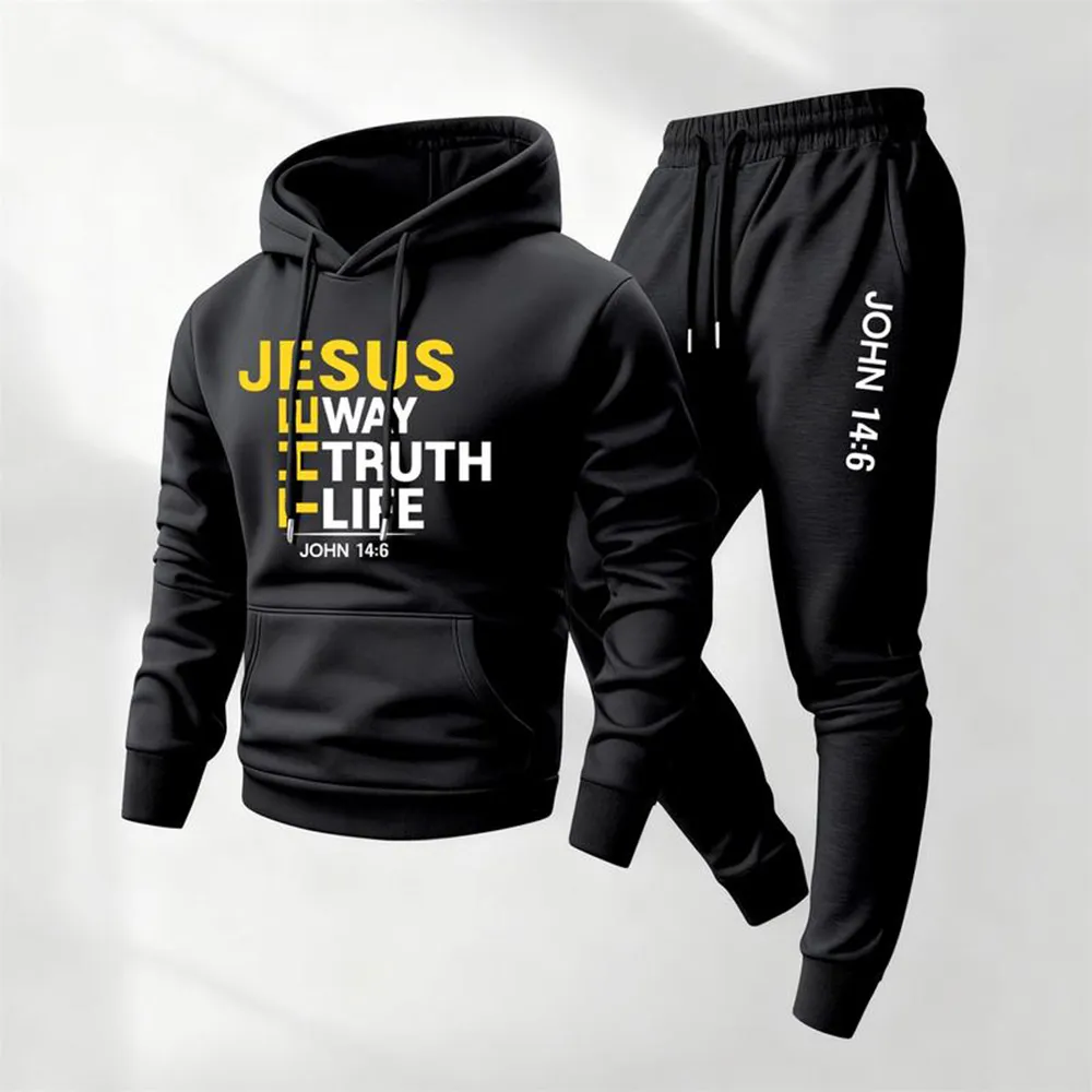 Men's Jesus Letter Printed Hoodie and Sweatpants Set