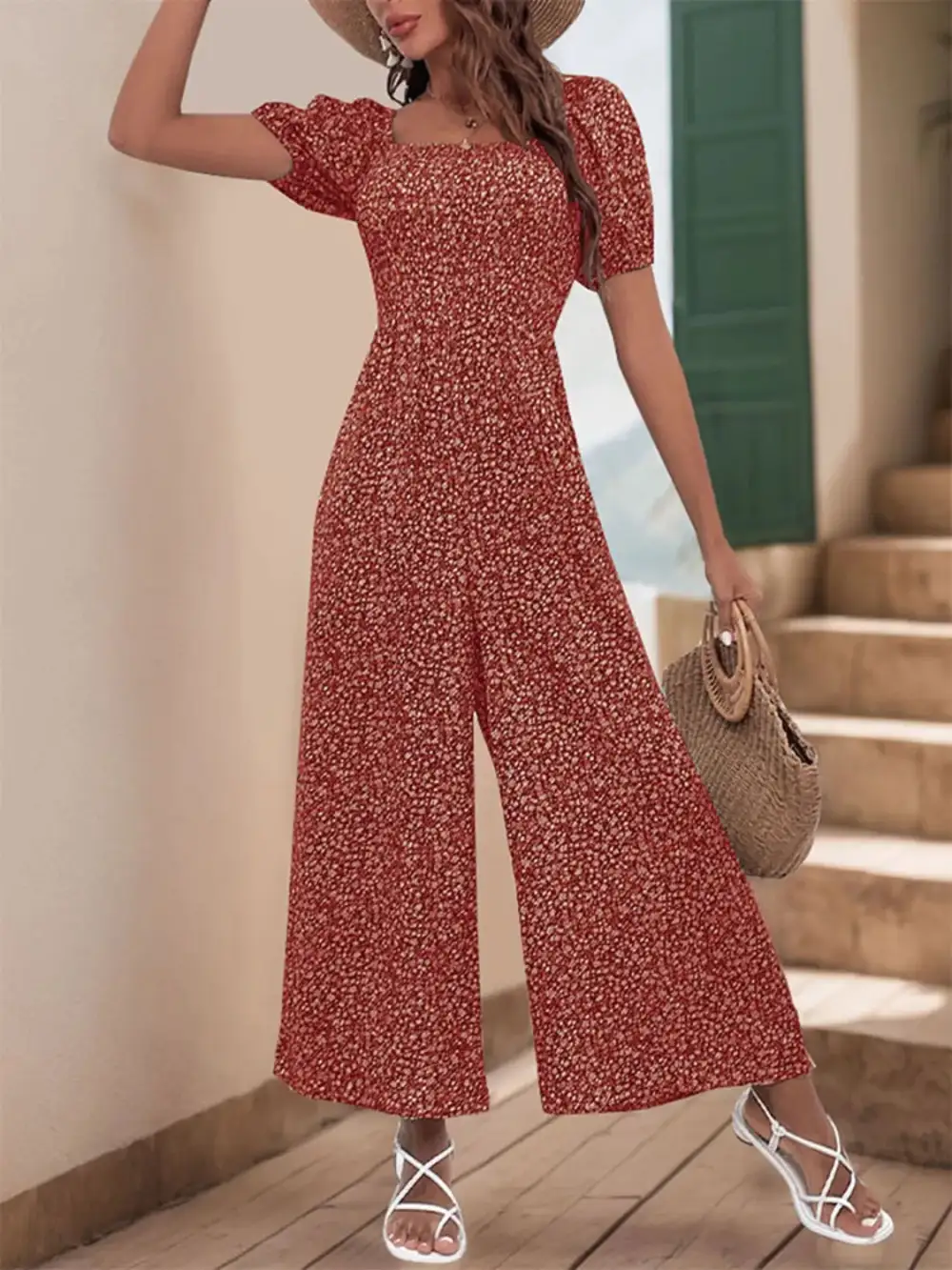 Printed Square Neck Puff Sleeve Jumpsuit