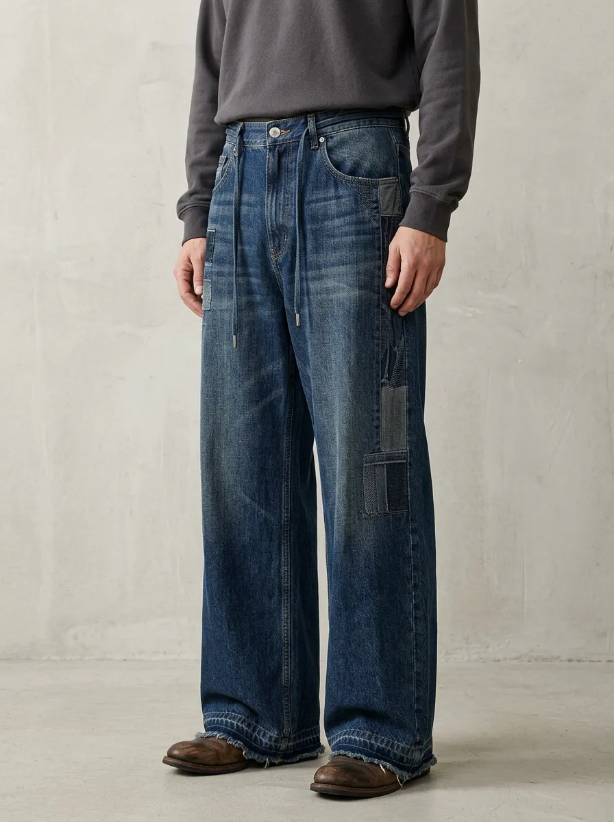 Men's Loose Fit Jeans with Wide Leg Patchwork Distressed Finish Vintage-Inspired