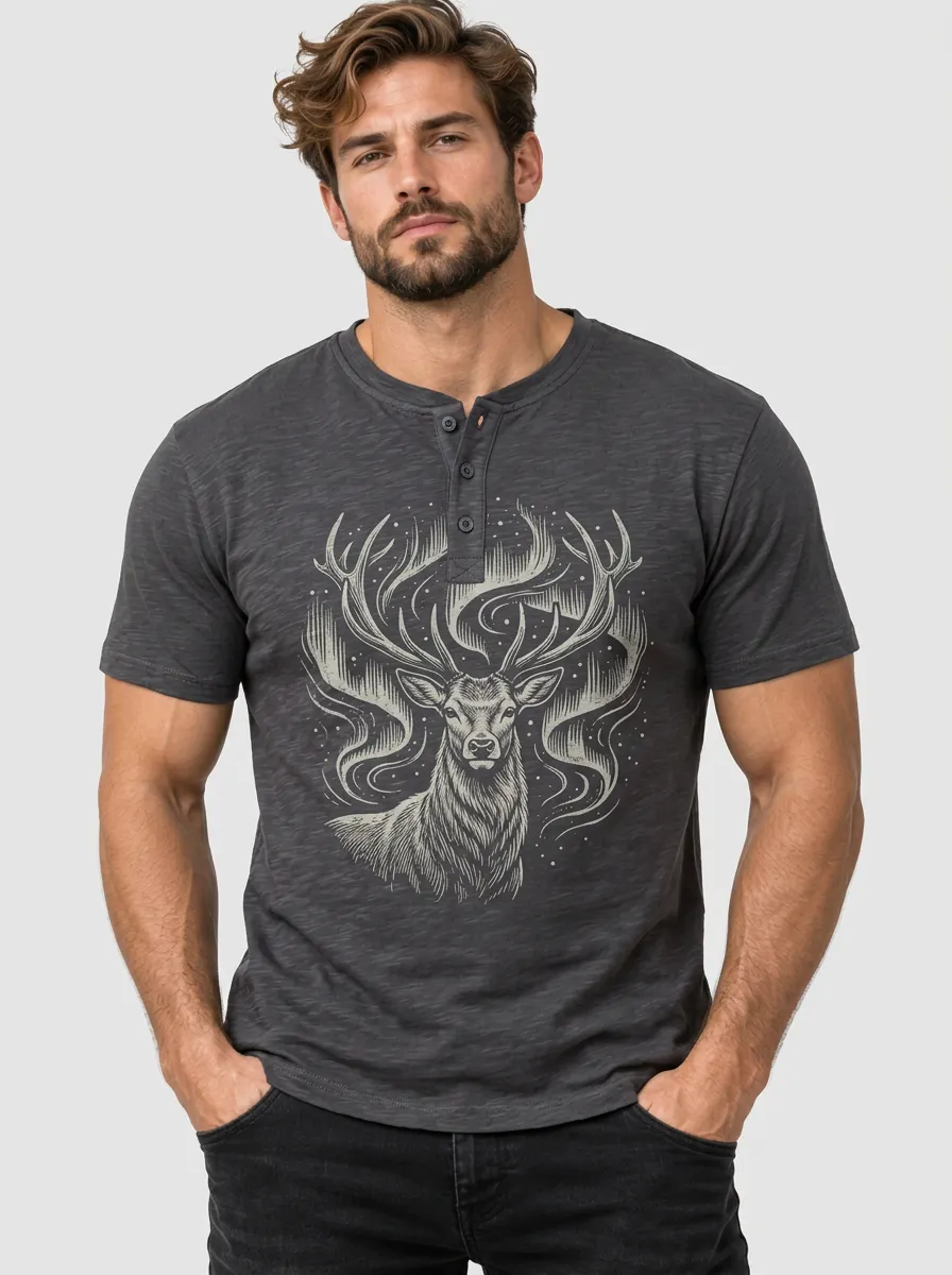 Men's Stag Crew-Neck Short-Sleeve Chest-Sleeve Deer T-Shirt