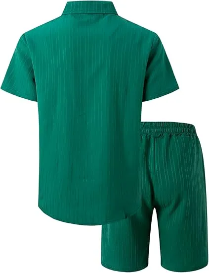 Men'S Solid Textured Short Sleeve Button Front Shirt & Pocket Drawstring Waist Shorts Two-Piece Set, Casual Summer Outfits Clothes Set For Men, Sets For Men Clothing, Menswear,  Summer Outfits Set
