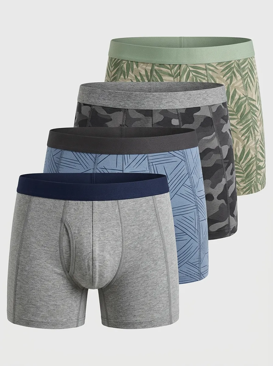 Versatile Geometric Leaf Camo Modern Look Men's Four Pack Boxer Briefs