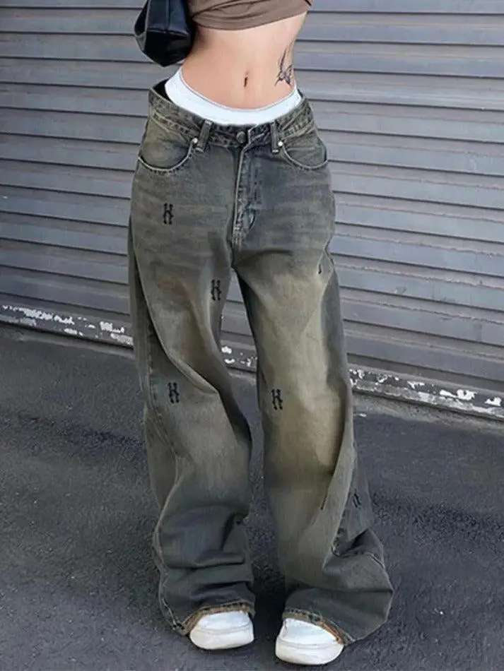Street Low Waist Letter Print Boyfriend Jeans