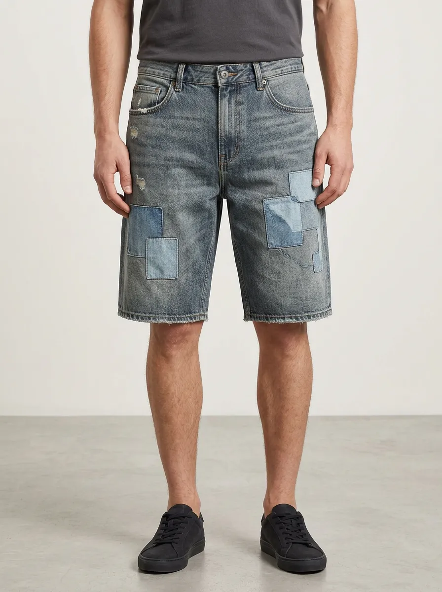 Men's Classic Patchwork Distressed Raw Hem Street Inspired Distressed Denim Shorts