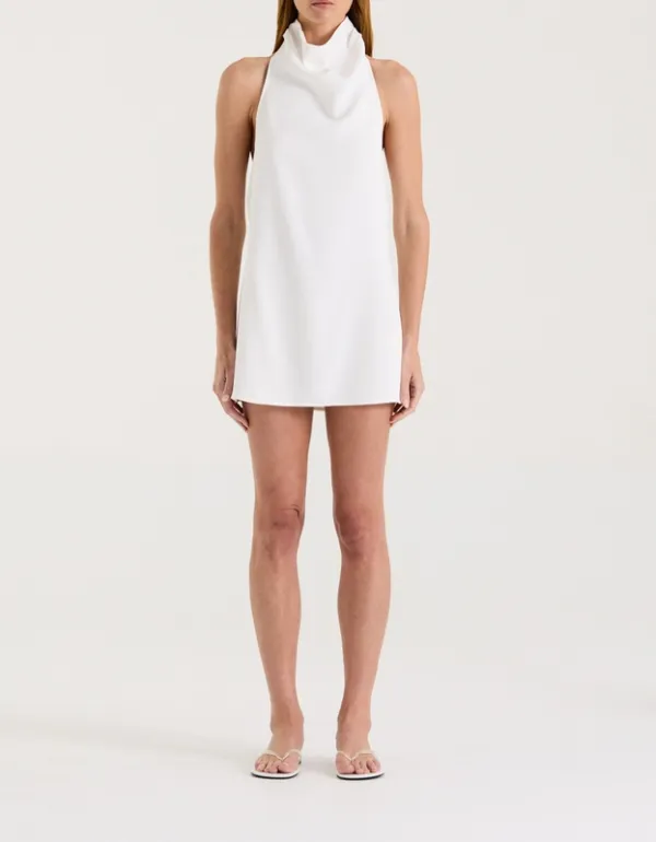 White Cowl Neck Open Back Mini Dress