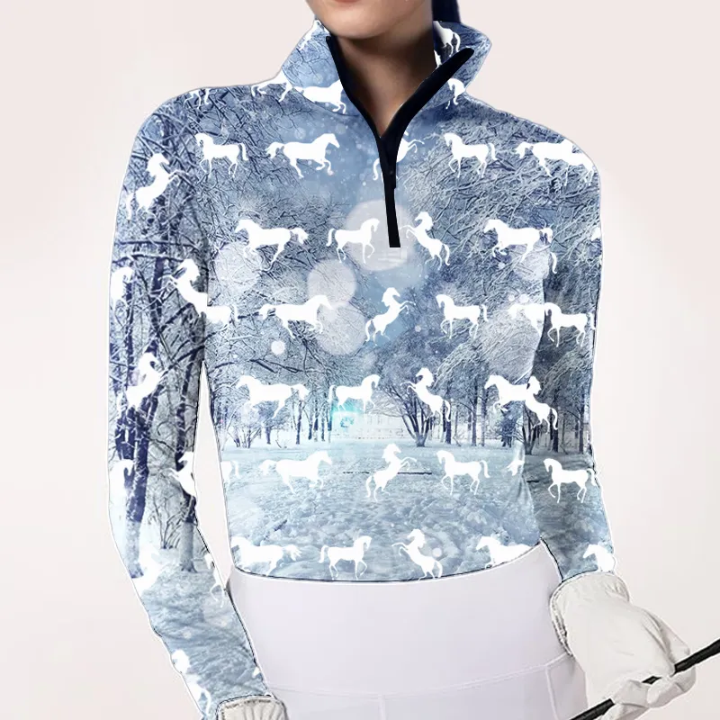 Spring, Summer, Autumn and Winter Women's Equestrian Style Maple Leaf Horse Print Long Sleeve Casual Shirt