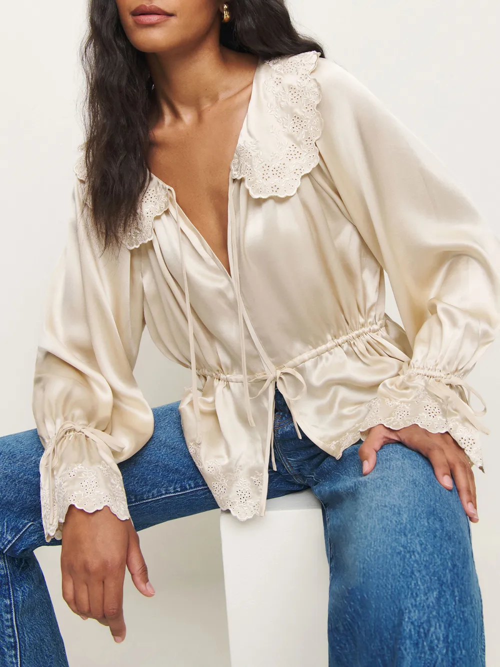 Ruffled V Neck Drawstring Blouse