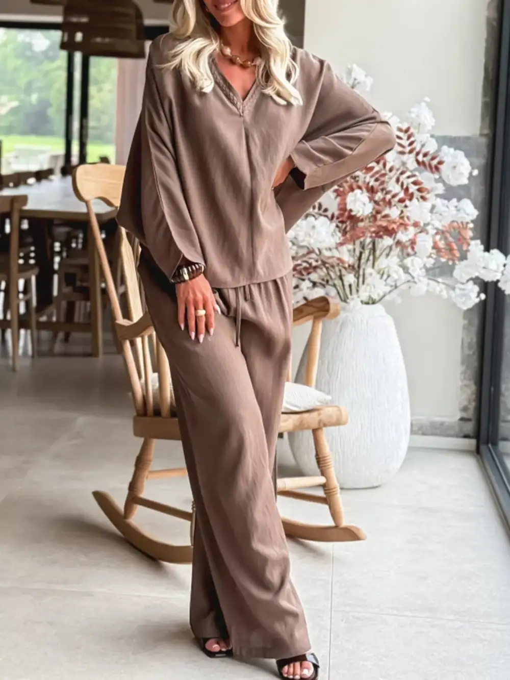 Braided V Neck Long Sleeve Loose Top and Drawstring High Waist Pants Pcs Outfit