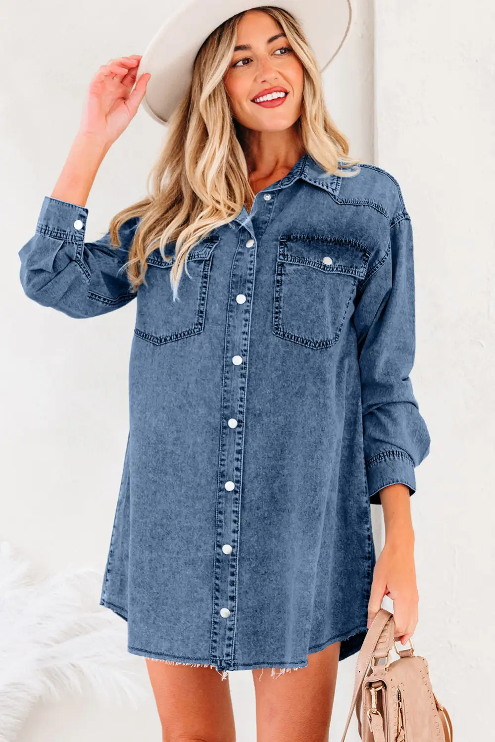Balanced Detail Denim Pocketed Shirt Dress