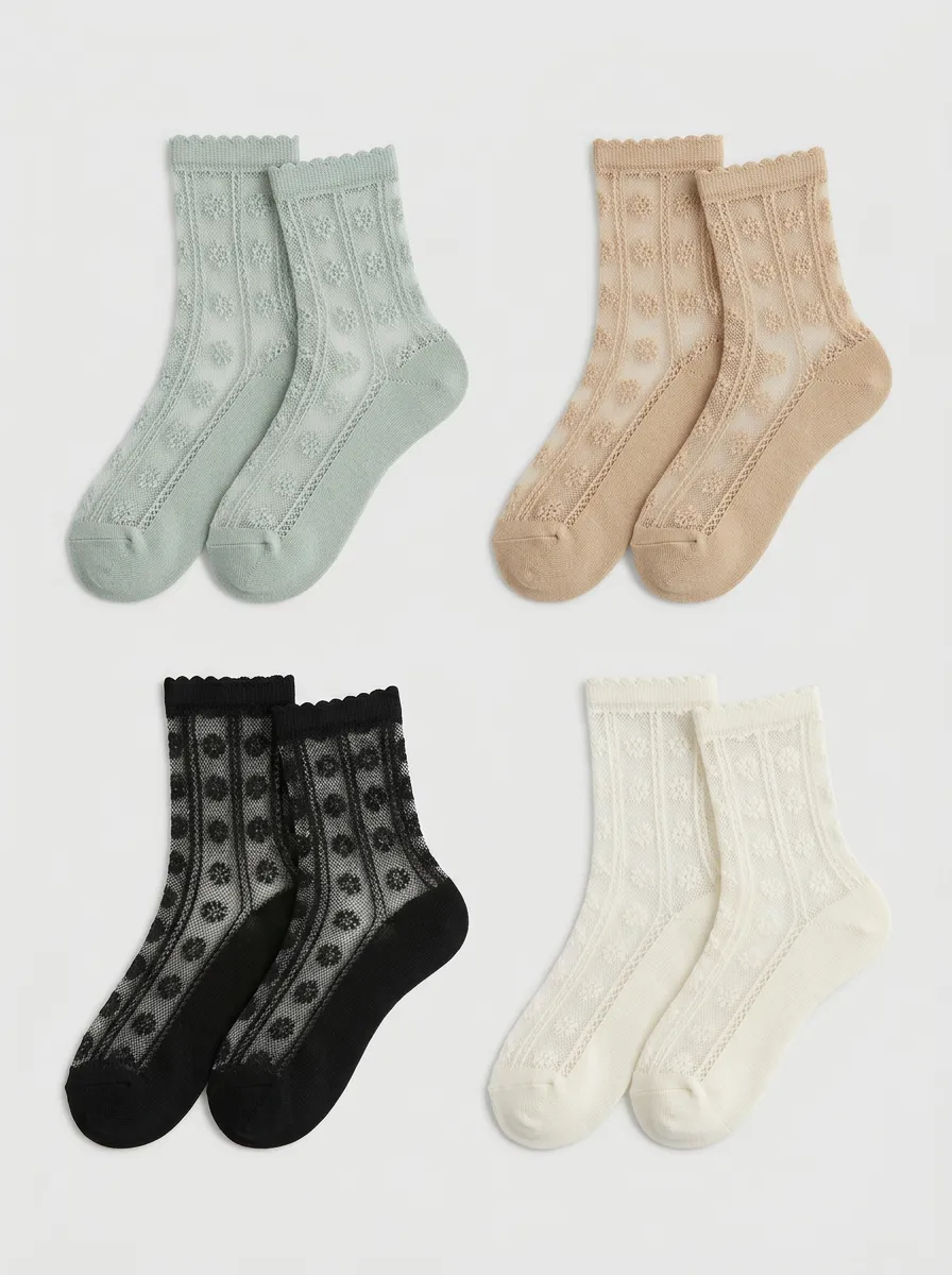 Women's Vintage Floral Pattern Sheer Crew Socks 4-Pack