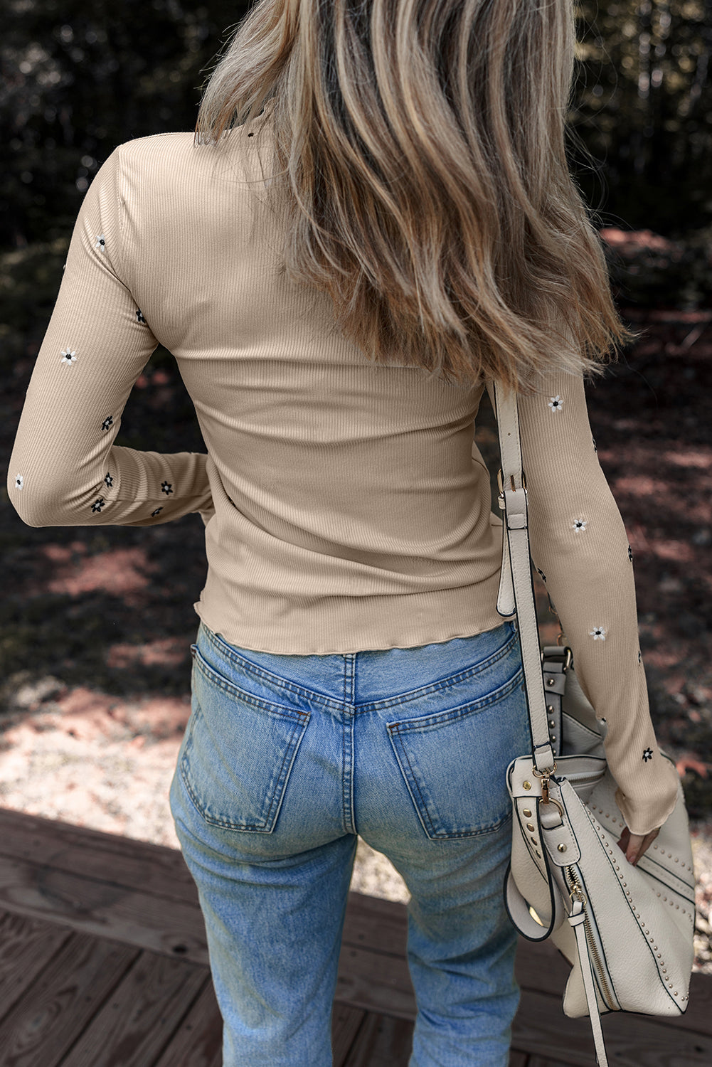 Women's Floral Print Top With Ribbed And Long Sleeve