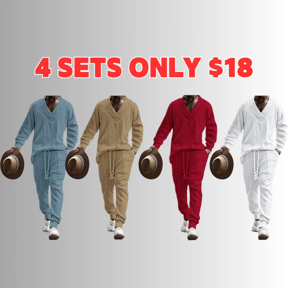 Men's Jacquard Drop Shoulder V Neck Top & Drawstring Waist Pants, Casual Fashion Pullover & Pocket Trousers for Daily Wear, Tracksuit Set, Tracksuits, Mens Jogger Sets, Sweat Suits Workout, Men's 2 Piece Set, Menswear, Clothes, Formal Wear, Sweat Set