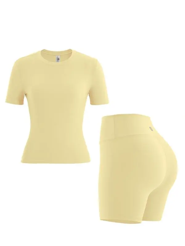 Women'S Solid Round Neck Tee & High Waist Biker Shorts Tracksuit Set, Crew Neck Short Sleeve T-Shirt & Skinny Shorts, Gym Clothes, Tracksuits For Ladies, Casual Sportswear For Indoor Outdoor Wear, Gym