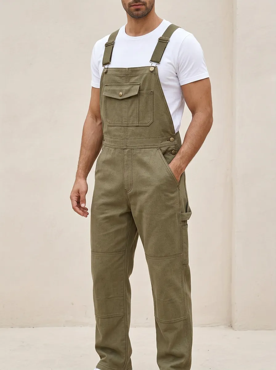 Men's Casual Olive Green Utility Pocket Denim Overalls