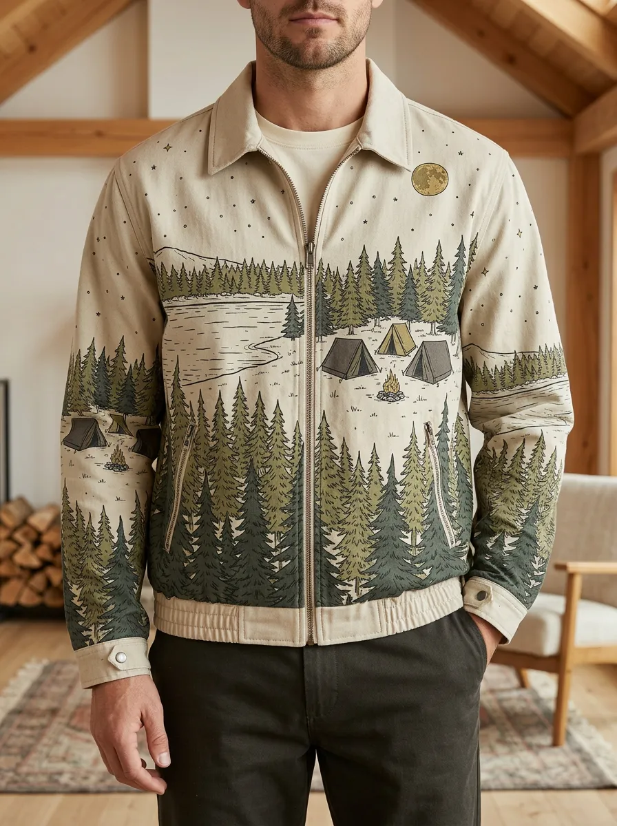 Men's Camping Lover Forest Tent Moon Printed Jacket