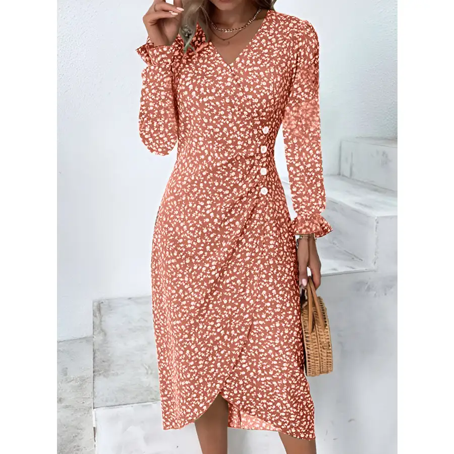 Full Size Surplice Long Sleeve Midi Dress