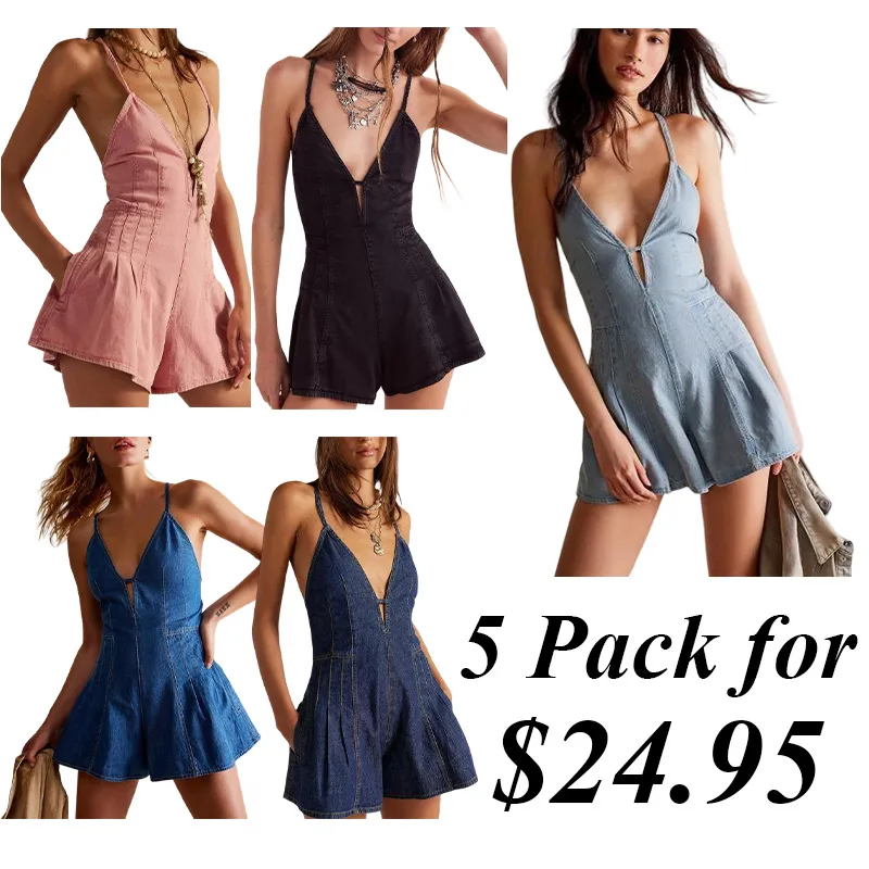 Deep V Neck Shorts Denim Romper