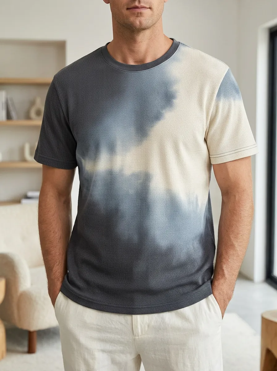 Men's Casual Waffle Knit Tie-dye Crew Neck T-Shirt