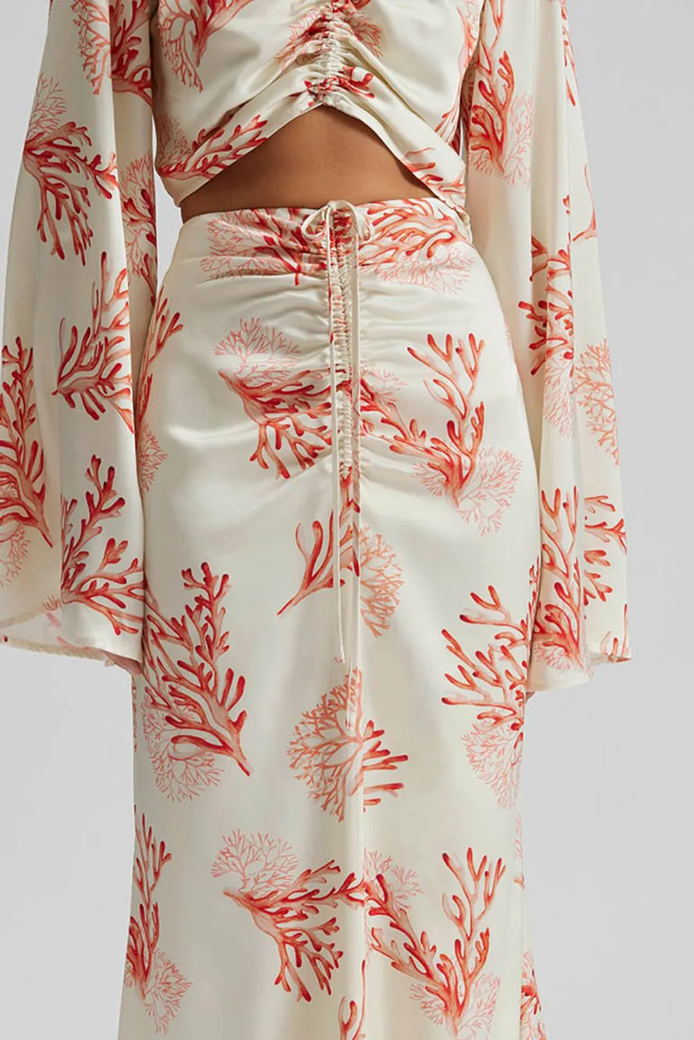 Coral Print Split Sleeve Maxi Skirt